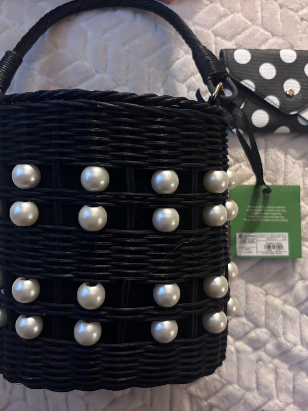 kate spade Black Woven Mini Bucket Bag with Pearl Accents